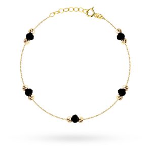 Złota bransoletka z czarnymi kamieniami i kulkami 19cm 585