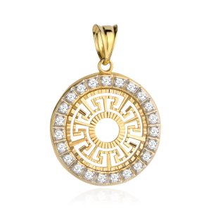 Złota zawieszka azteckie ażurowe koło i cyrkonie 585