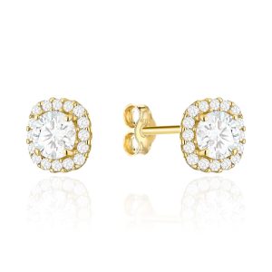 Złote kolczyki z okrągłym kamieniem i cyrkoniami na sztyfcie 585