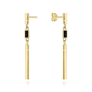 Złote kolczyki wiszące pałeczki z czarnym kamieniem 585