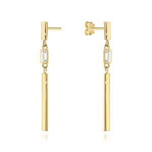Złote kolczyki wiszące pałeczki z białym kamieniem 585