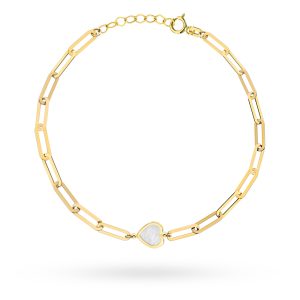 Złota bransoletka długie ogniwa i serce z masą perłową 17-2cm 585