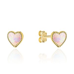 Złote kolczyki serduszka z różowym opalitem na sztyfcie 585
