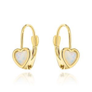 Złote kolczyki serduszka z opalitem na angielskim zapięciu 585