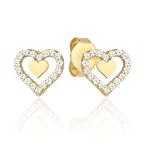 Złote kolczyki serduszko w sercu z cyrkoniami na sztyfcie 585