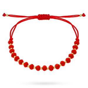 Złota bransoletka kulki i czerwone kamienie na sznurku 585