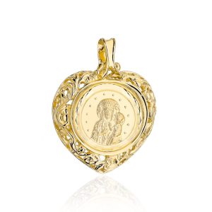 Złoty medalik Matka Boska Częstochowska w ażurowym sercu 585