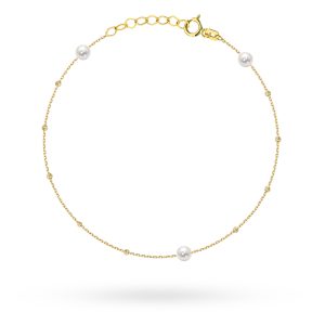 Złota bransoletka z diamentowanymi kuleczkami i perłami 17+2cm 585