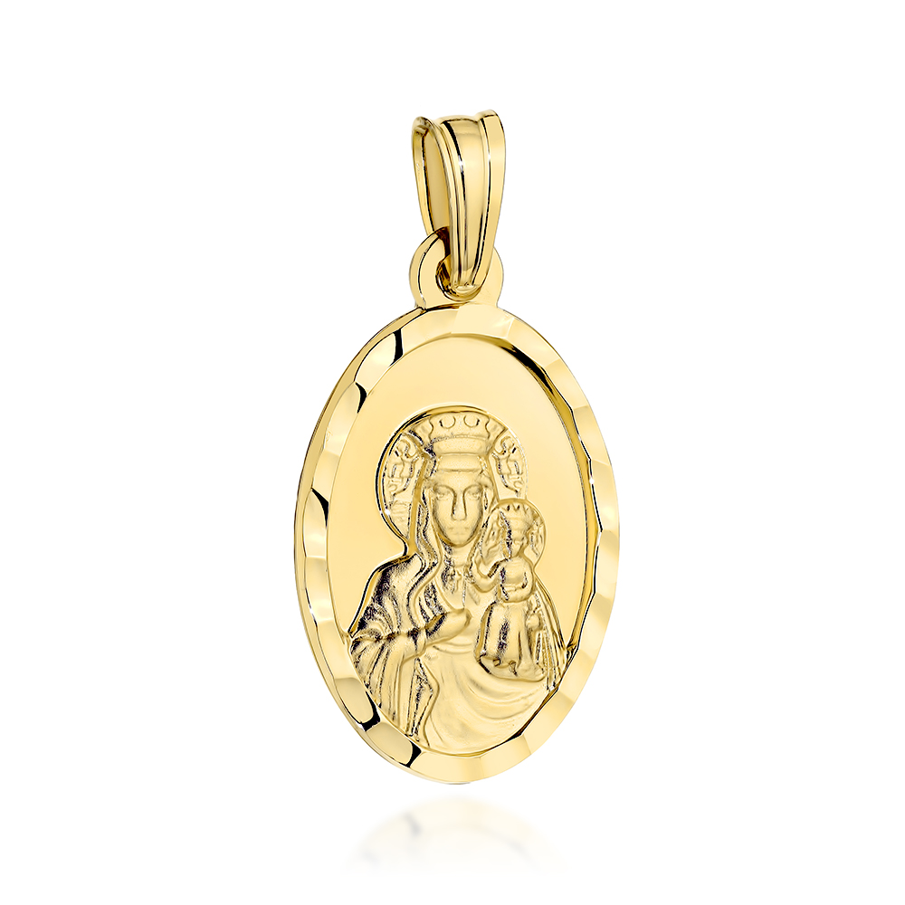 Złoty medalik Matka Boska Częstochowska w diamentowanej owalnej oprawie 585