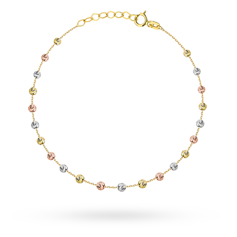 Złota bransoletka w trzech kolorach złota z diamentowanymi kuleczkami 17+2cm 585