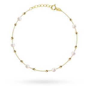 Złota bransoletka z gładkimi kuleczkami i perłami 17+2cm 585