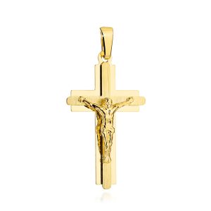 Złoty krzyżyk satynowy w błyszczącej oprawie z Jezusem 585