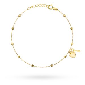 Złota bransoletka z gładkimi kulkami i serce z kluczykiem 17+2cm 585