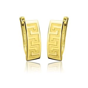 Złote kolczyki rynienki z greckim wzorem 585