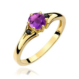 Pierścionek W0076 Ametyst 0,50ct żółte złoto z czarnymi diamentami